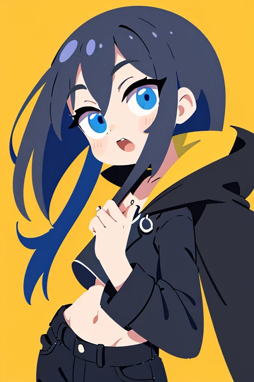 Garoto por volta de , cabelo azul, olhos azuis, wearing a black coat and black jeans, e uma mascara cobrindo a boca