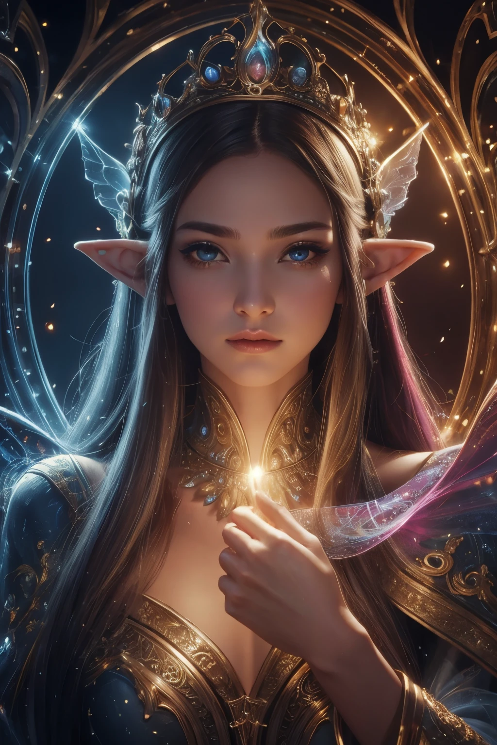 (Best quality, 4k, High-resolution, Masterpiece:1.2), Ultra-detailed, Realistic, Radiant lighting, Epoch Elves, Portraits, Fantastical colors, Fine art, Ethereal beings, Dreamlike, Whimsical creatures, Detailed facial features, Glowing eyes, Elven beauties, Ethereal glow, Mythical creatures, Harmonious composition, Dazzling colors, Stunning visual effects, Otherworldly appearance, Mesmerizing artistry, 