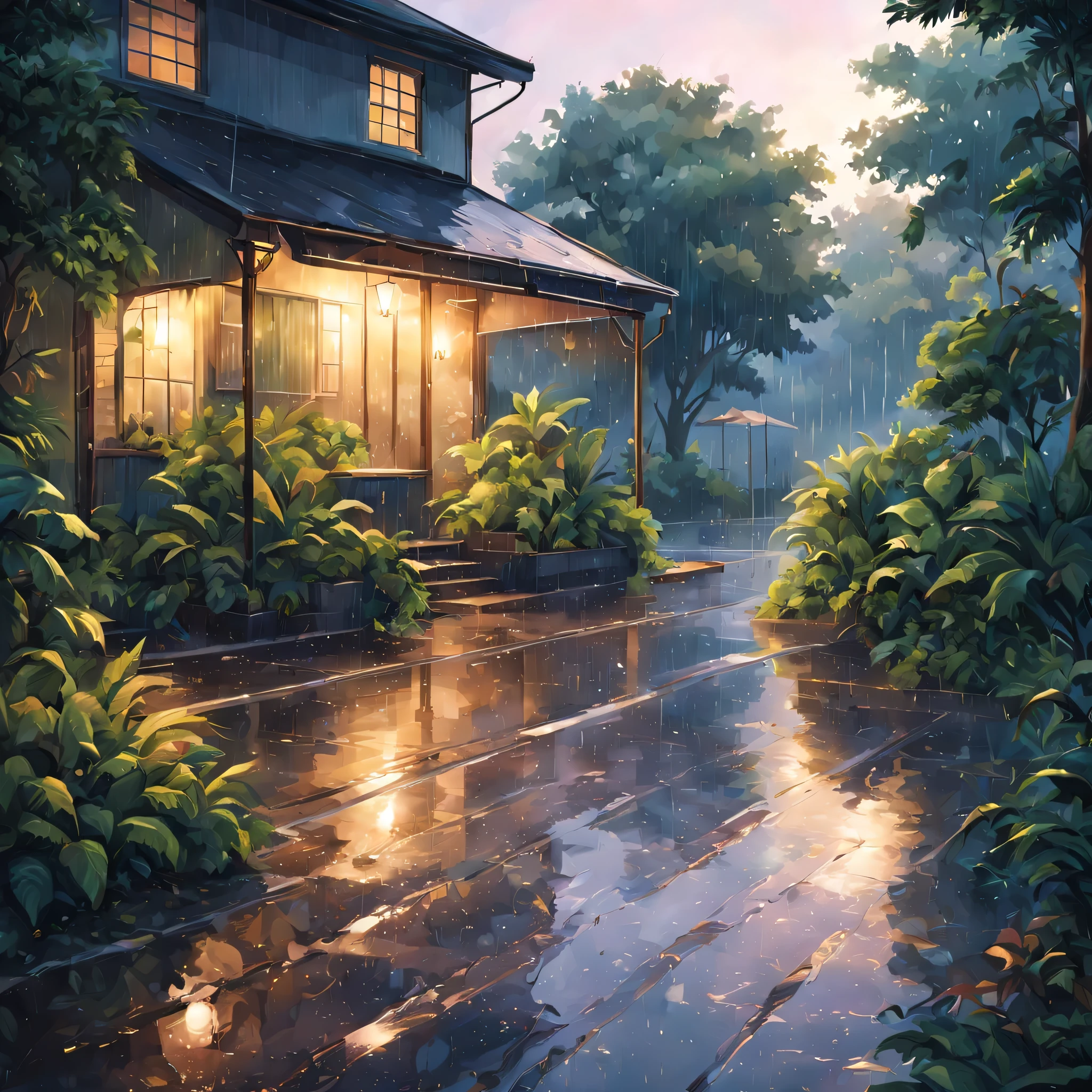 chill, Illustrations, a high resolution (4K), realistic lighting, bright colors, plants, natural light, relax vibe, wet nature, Light rain, Street, greens, summer, on open air, evening, after rain, nature, , only nature