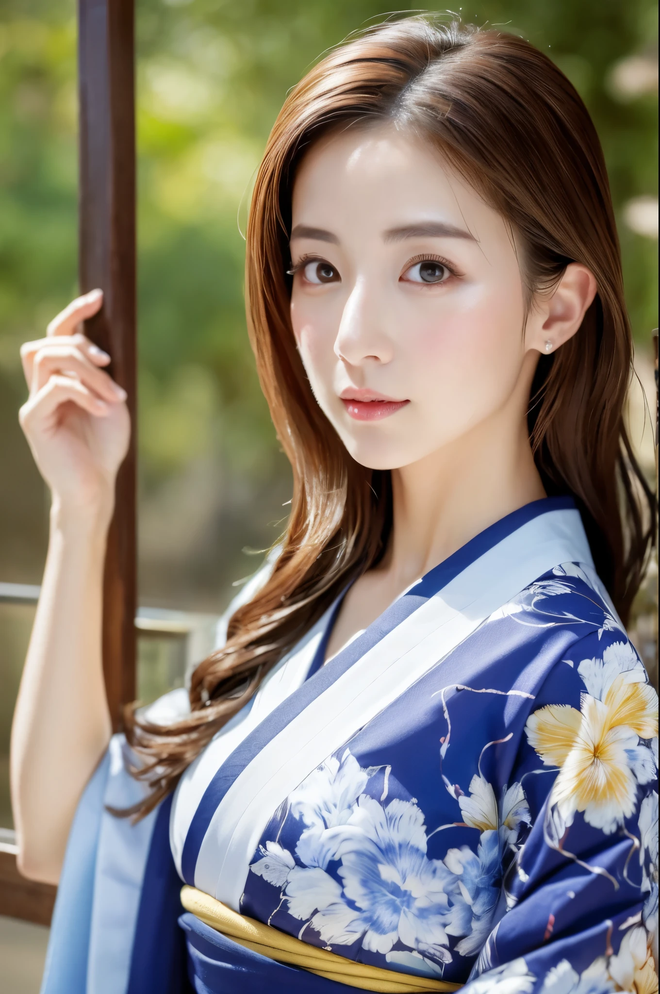 Hyper-Realism, (Photorealsitic:1.4), 8K, maximum resolution, (masterpiece), highly detailed, Professional, best quality, Refined face, beautiful woman, detailed beautiful eyes and lip, beautiful face, idol face, full body, whole body, Traditional kimono, Graceful fan movement, Tranquil expression