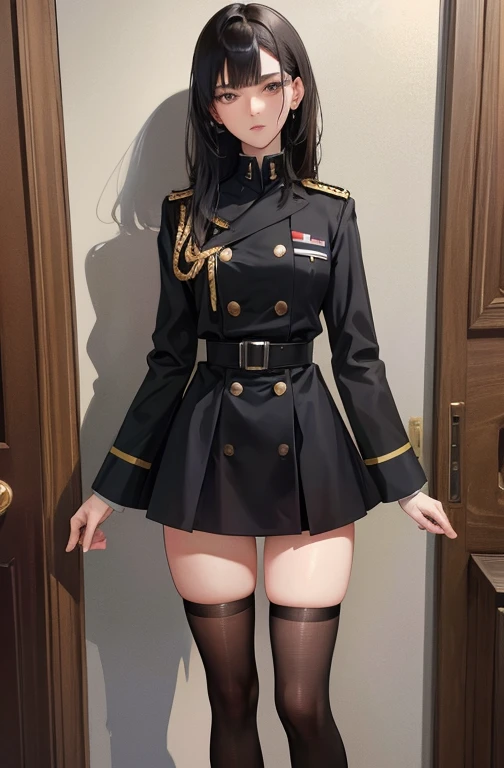 (highest resolution, distinct_image) Best quality, female, solo, masterpiece, highly detailed, semi-realistic, black hair, bangs, 18 years old, young, tall strong, black clothing, black uniform, mini skirt, military uniform, indoor background, seductive, tall, handsome, dictatorial, powerful, exquisite facial features, exquisite facial features, thigh-high socks,