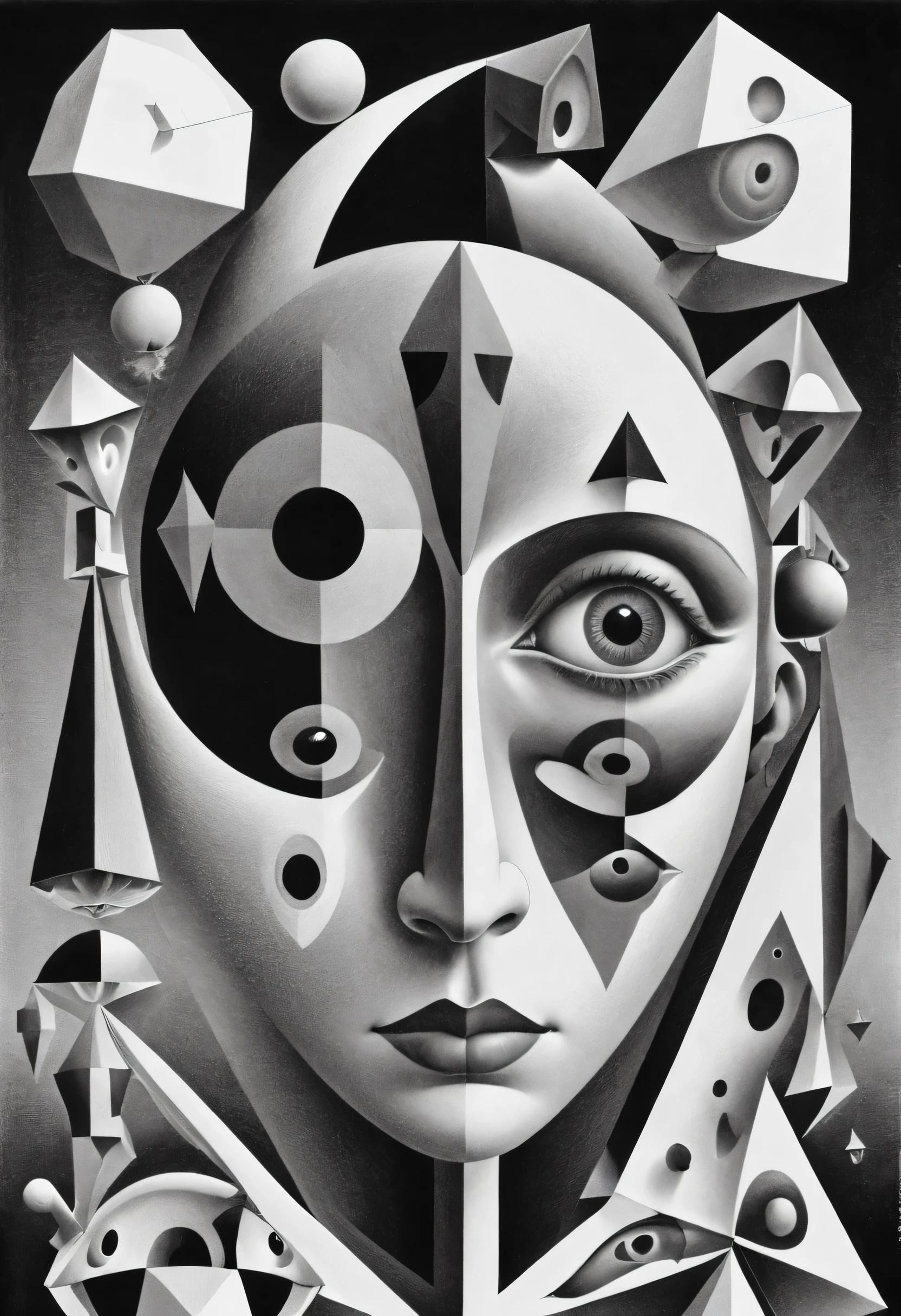 Fantasy images with geometric shapes and faces, monochrome