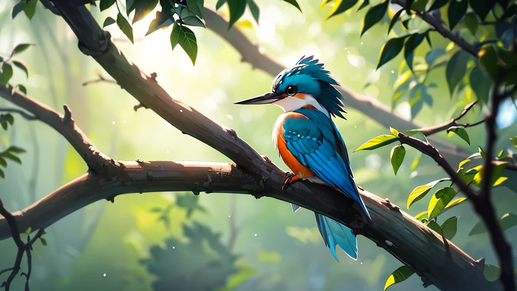 A kingfisher poised gracefully on a branch, intense morning light diffused through mist rising slowly around it, highlighting its intricate feathers in dramatic side lighting