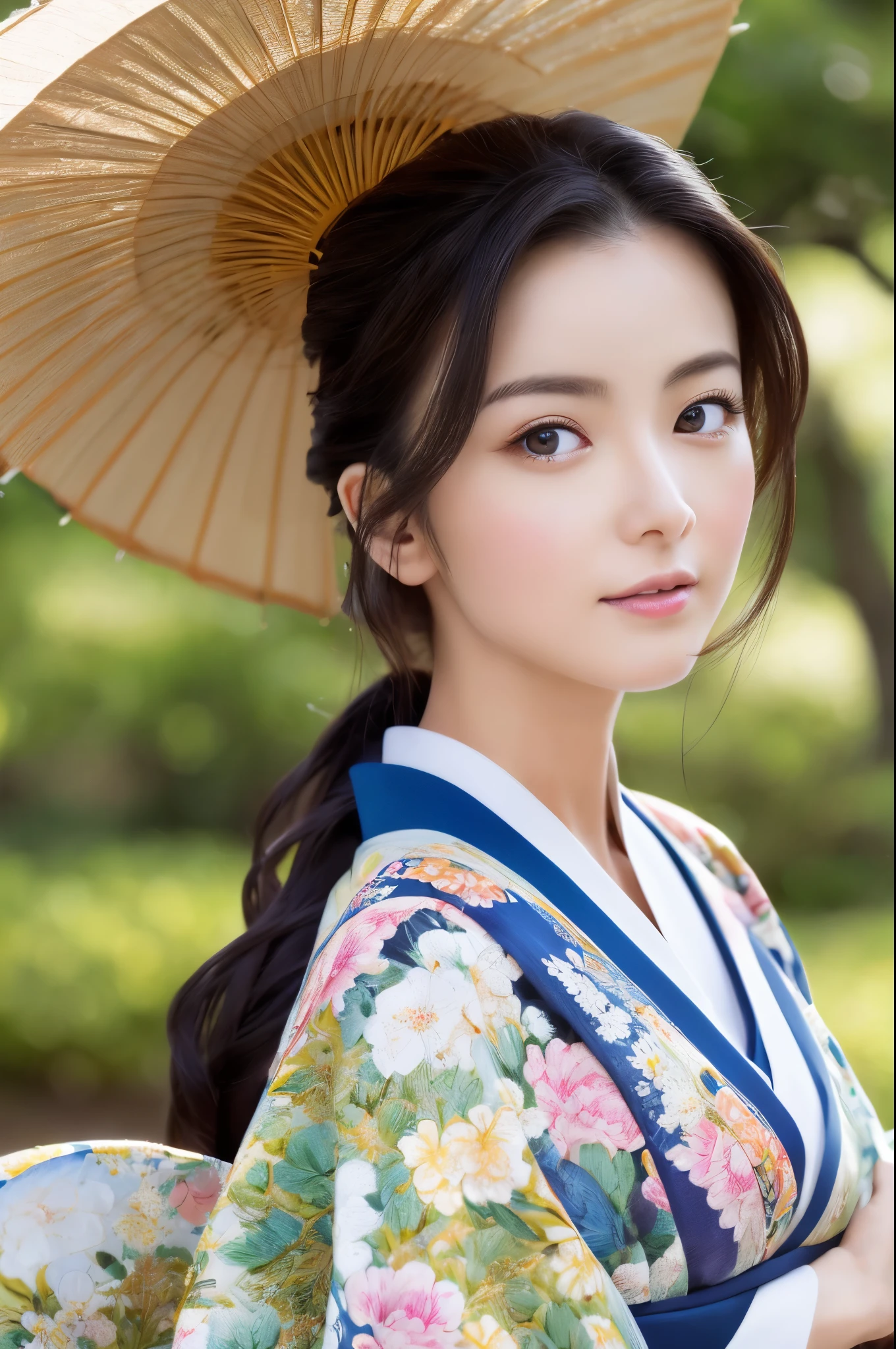 Hyper-Realism, (Photorealsitic:1.4), 8K, maximum resolution, (masterpiece), highly detailed, Professional, best quality, Refined face, beautiful woman, detailed beautiful eyes and lip, beautiful face, idol face, full body, whole body, Traditional kimono, Graceful fan movement, Tranquil expression