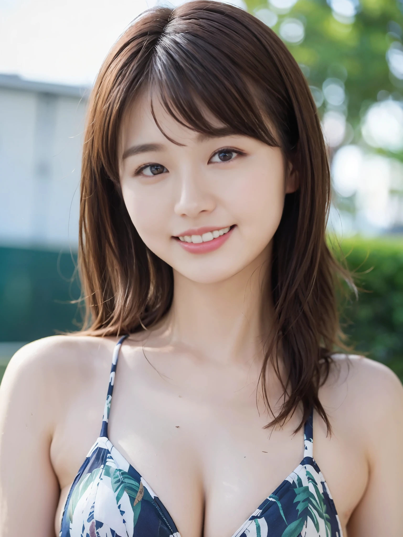 ((highest quality, 8K, masterpiece :1.3)), 1 girl, smile, whole body, slim face, Beautiful woman, (dark brown hair), swimsuit :1.1, super detailed face, fine eyes, double eyelid, blur background, big breasts、school classroom