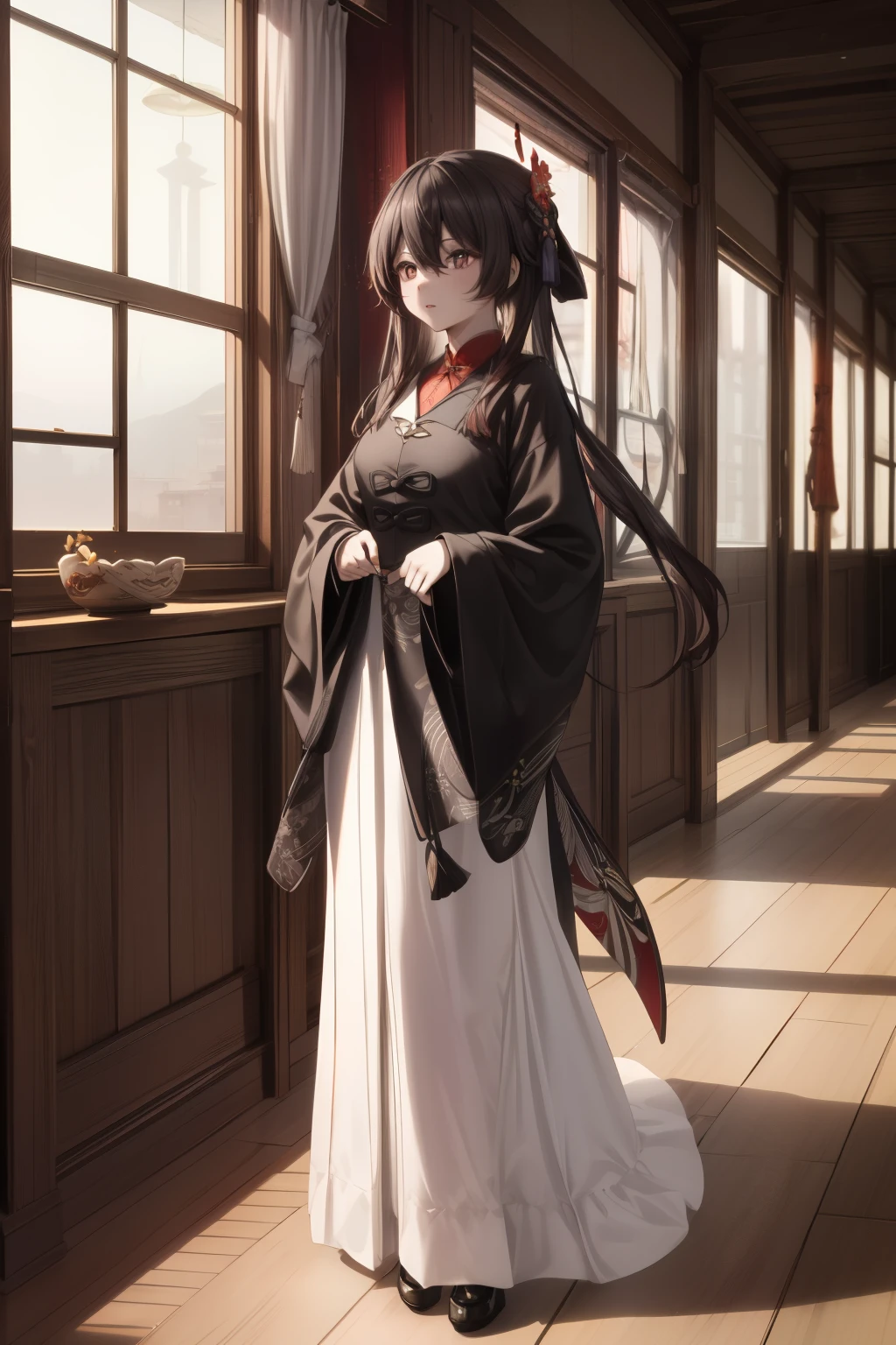 A young Chinese woman, with beautiful detailed eyes and lips, standing gracefully by the full-body window in her mid-century home, captured in a highly realistic and ultra-detailed medium. Her gaze is fixated on the vibrant blend of tradition and modern life that unfolds outside. The image quality is of the best quality, with 4k resolution and high contrast. The lighting is carefully crafted to enhance the scene, with soft sunlight streaming through the window, casting warm hues on the woman's face. The color palette is rich and vibrant, with a mix of traditional Chinese colors and contemporary tones. The scene is meticulously composed, showcasing the woman's proud connection to her cultural heritage amidst the bustling cityscape. The image radiates a sense of elegance, sophistication, and a harmonious integration of tradition and modernity.