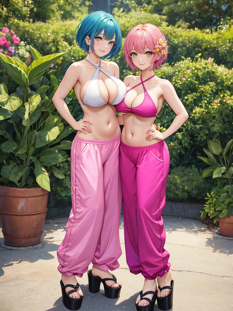 (masterpiece, highest quality),Again:zero, 2 girls(one person: blue hair, short hair, bangs, Green and yellow eyes),(もうone person:pink hair,short hair,pink eyes) , hair between eyes, hair flower, side lock, cleavage cutout, side boob, looking at the viewer, dynamic pose, smile,happiness,low length,masterpiece, highest quality， Super detailed, super beautiful girl，（Palazzo pants, match with crop top, platform sandals），（big breasts),(shoulder)，(belly button),big and bright eyes，Cool feeling，vintage style，Front view,smile,