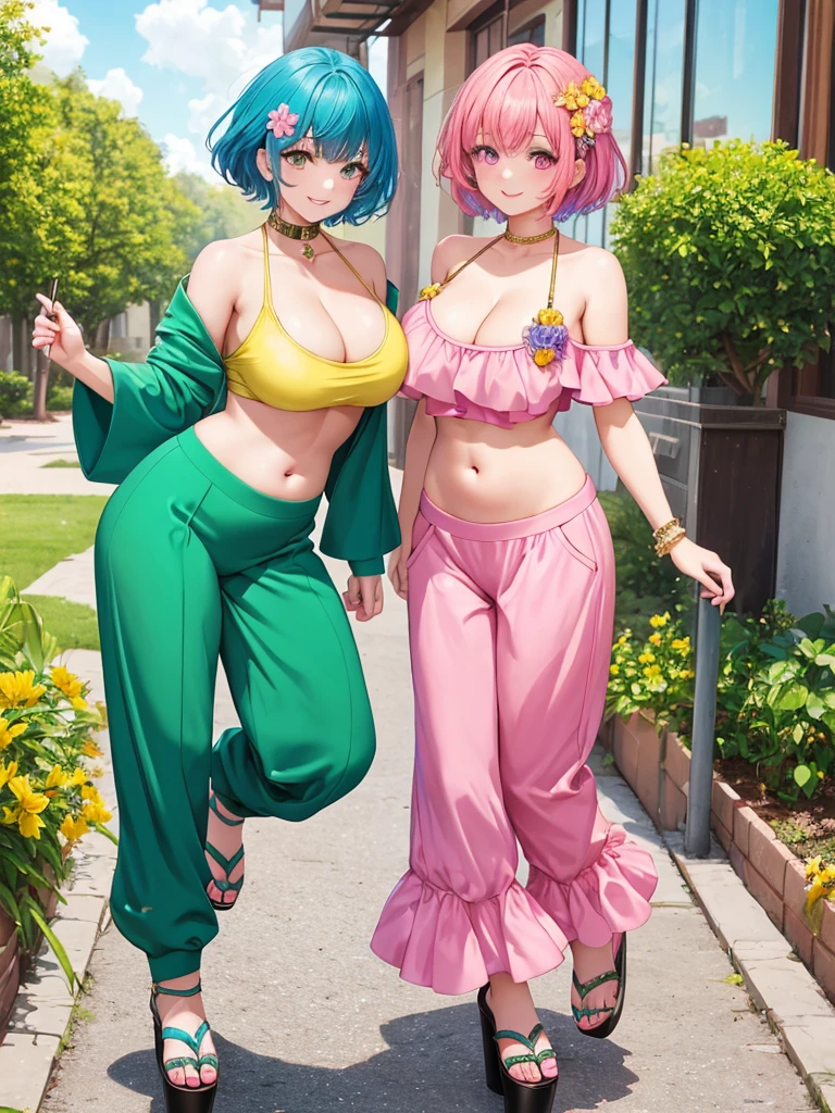 (masterpiece, highest quality),Again:zero, 2 girls(one person: blue hair, short hair, bangs, Green and yellow eyes),(もうone person:pink hair,short hair,pink eyes) , hair between eyes, hair flower, side lock, cleavage cutout, side boob, looking at the viewer, dynamic pose, smile,happiness,low length,masterpiece, highest quality, Super detailed, super beautiful girl,(Palazzo pants, match with crop top, platform sandals),(big breasts),(shoulder),(belly button),big and bright eyes,Cool feeling,vintage style,Front view,smile,