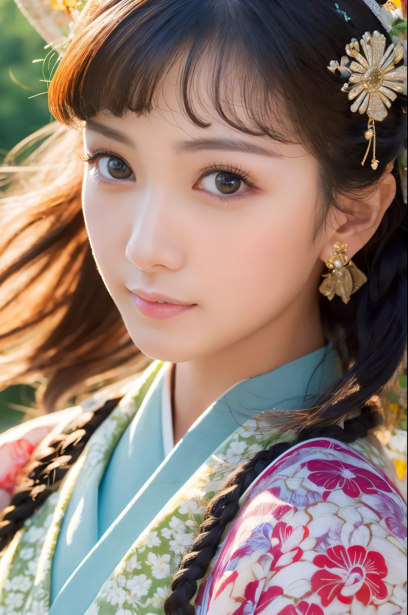 Hyper-Realism, (Photorealsitic:1.4), 8K, maximum resolution, (​masterpiece), highly detailed, Professional, best quality, Refined face, beautiful woman, detailed beautiful eyes and lip, beautiful face, idol face, full body, whole body, Traditional kimono, Graceful fan movement, Tranquil expression