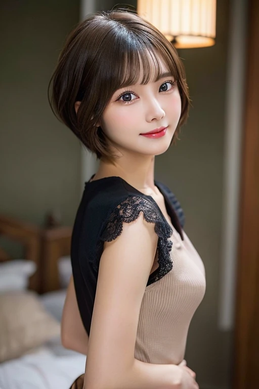 masterpiece, top quality, best quality, realistic, unity, 8k wallpaper, official art, extremely detailed CG unity 8k wallpaper, (original:1.2), (realistic: 1.4), ultra detail, high resolution, ultra detailed,amazing, fine detail, cinematic lighting,
(1girl:1.4 ), (brown|black hair:1.4), (short cut hair:1.4), (realistic skin:1.2), (light brown skin:1.2),(large breasts), beautiful girl with beautiful) etails, extremely detailed eyes and face, eyes with beautiful details,huge file size, ultra detailed and beautiful, blushing, ashamed,(smile:1.4), black eyes, model shoot tyle, full body shoot, (random color lace underwear), earings, chain necklace,