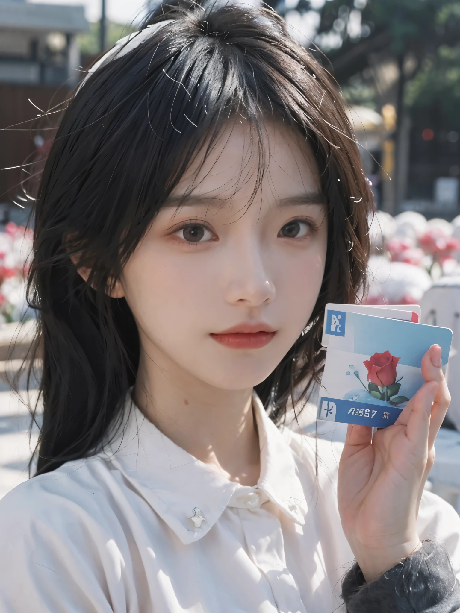 best quality, ultra high resolution,Sunshine scene,(realistically:1.4), 2 girls,of dresses,issue card,twin? rose rain,A pair of eyes as clear as snow,Royal sister,looking at the audience, close up ,