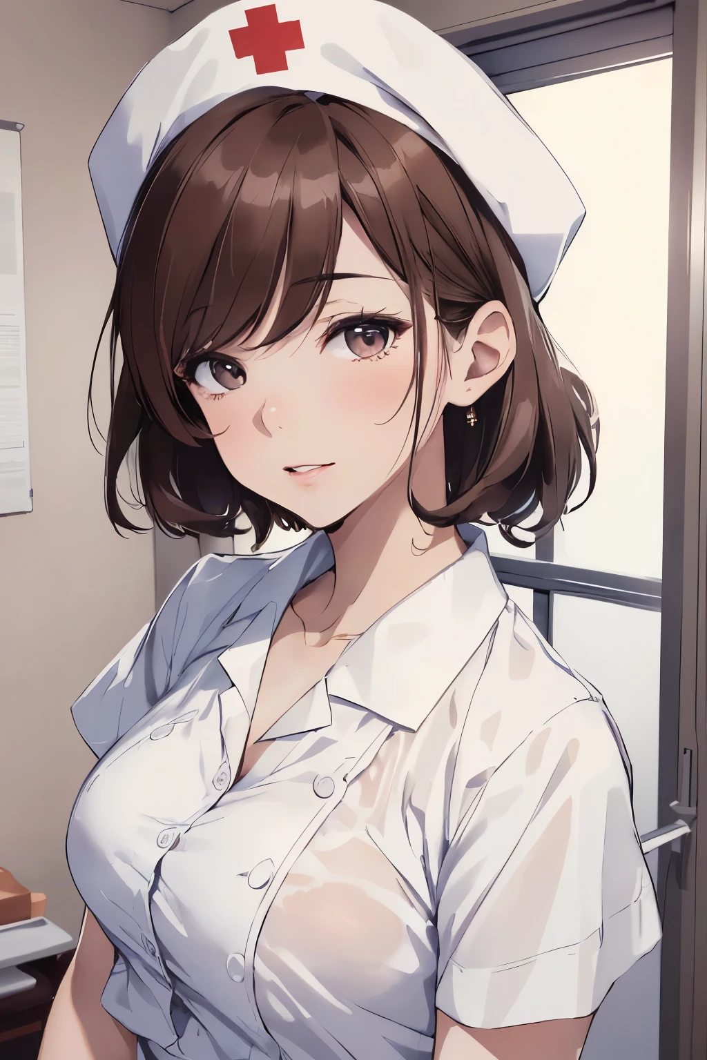 (Best quality, 8k, 32k, Masterpiece, UHD:1.2),Photo of Pretty Japanese woman, 1girl, (medium-short dark brown hair), (large breasts), double eyelid, White nurse uniform, small white nurse (cap), white shirt, open shirt, hospital, patient's room, upper body, sexy
