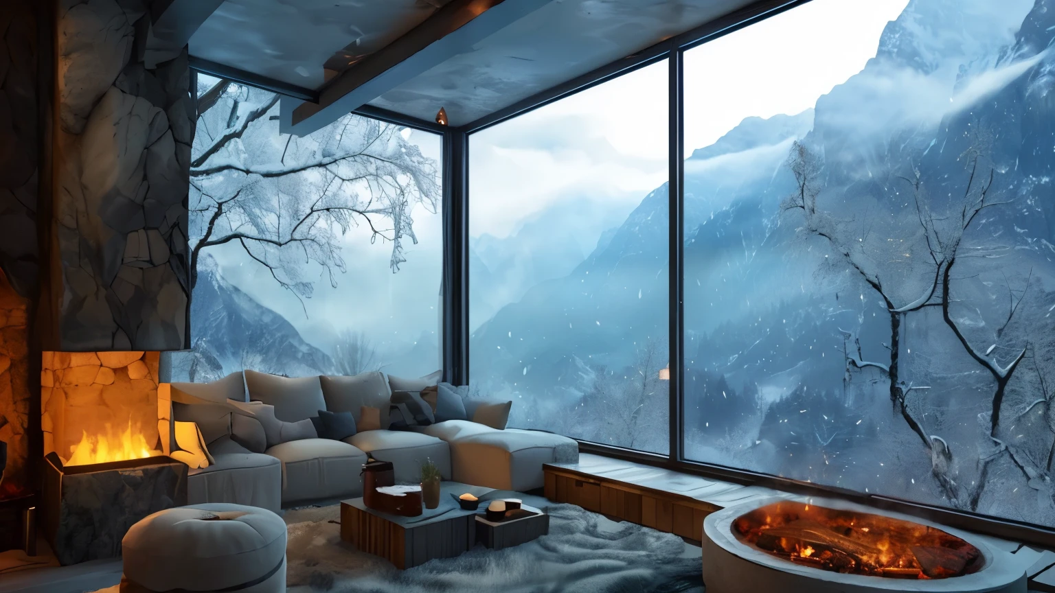 Arafed living room with a fireplace and a view of the mountains - SeaArt AI