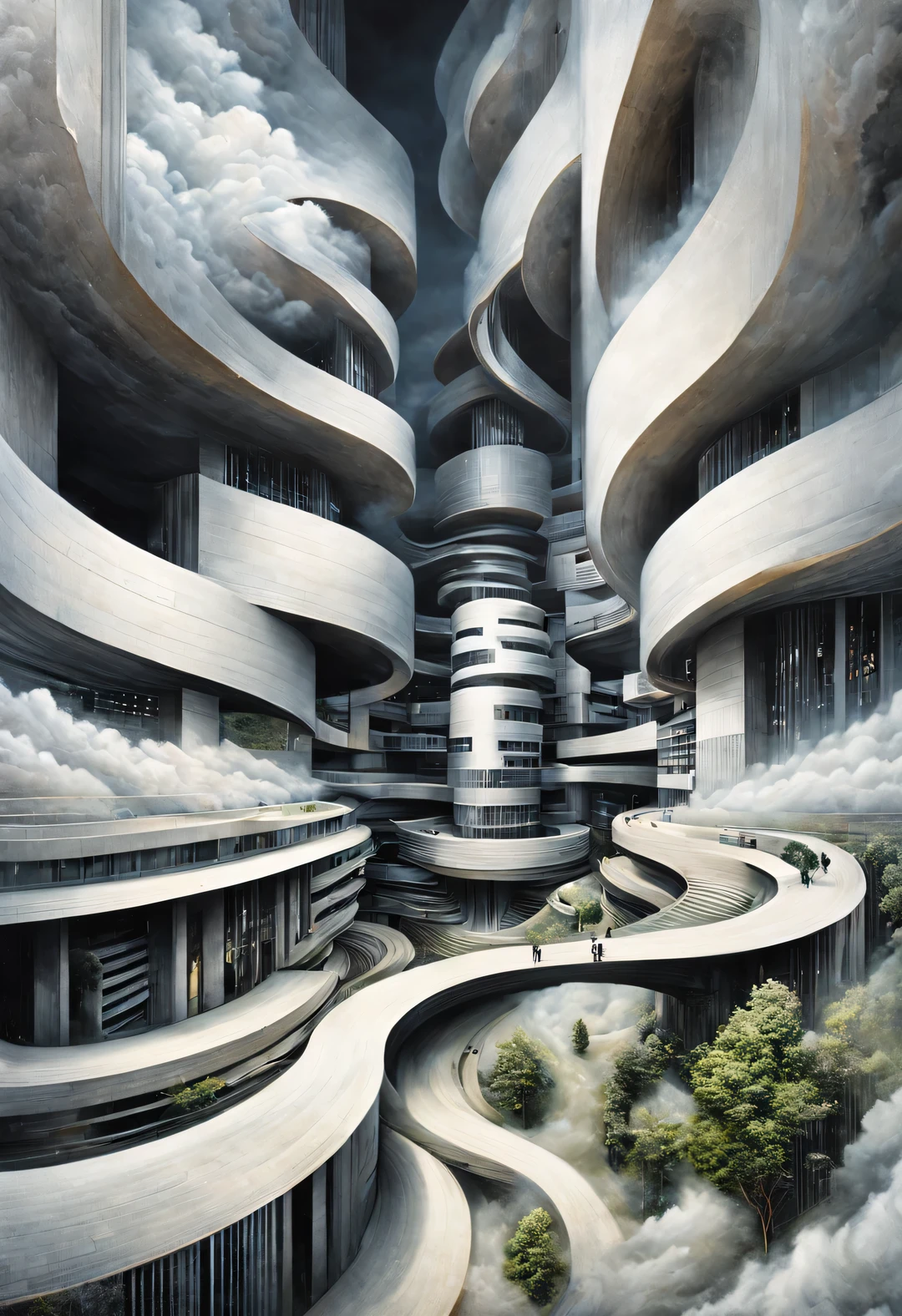 optical illusion，Sujiko Yoshii《architecture》, Ethereal cloudscape style, spiral, photorealistic rendering, minimalist stage designs, design/architecture研究, hazy atmosphere, the greatness of the bible，移动或变化的重复或spiral形状，or perspective-distorted images that distort perception of depth and space，These images appear to be moving，straight lines are curved