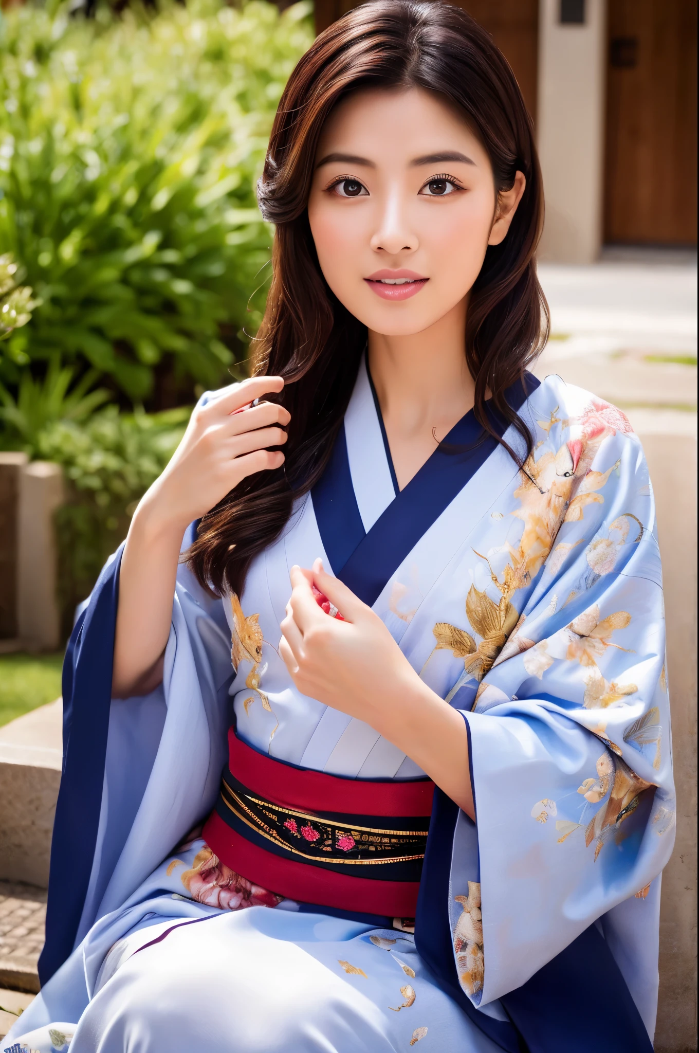 Hyper-Realism, (Photorealsitic:1.4), 8K, maximum resolution, (​masterpiece), highly detailed, Professional, best quality, Refined face, beautiful woman, detailed beautiful eyes and lip, beautiful face, idol face, full body, whole body, Traditional kimono, Graceful fan movement, Tranquil expression