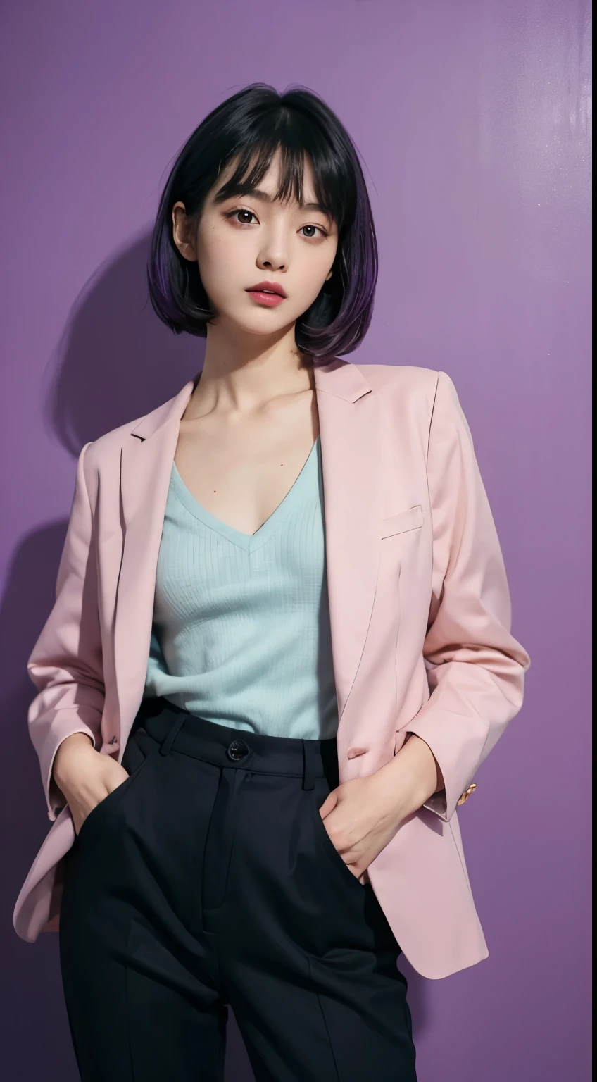 Vogue style photoshoot, Clarity, 4k, 8k, detail, actual, Beautiful Girl, wear dark pastle blazer, inner wear, pastle pants, black lips, dark and purple hair mullet haircut, Perfect body, thigh, stand, pose standing, medium chest, Wes Anderson style, pastle color background in Wes Anderson style