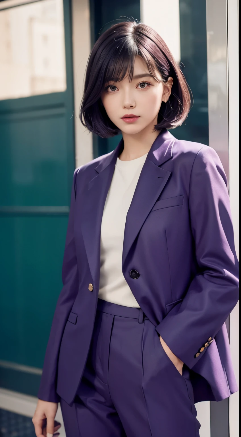 Vogue style photoshoot, Clarity, 4k, 8k, detail, actual, Beautiful Girl, wear dark pastle blazer, inner wear, pastle pants, black lips, dark and purple hair mullet haircut, Perfect body, thigh, stand, pose standing, medium chest, Wes Anderson style, pastle color background in Wes Anderson style