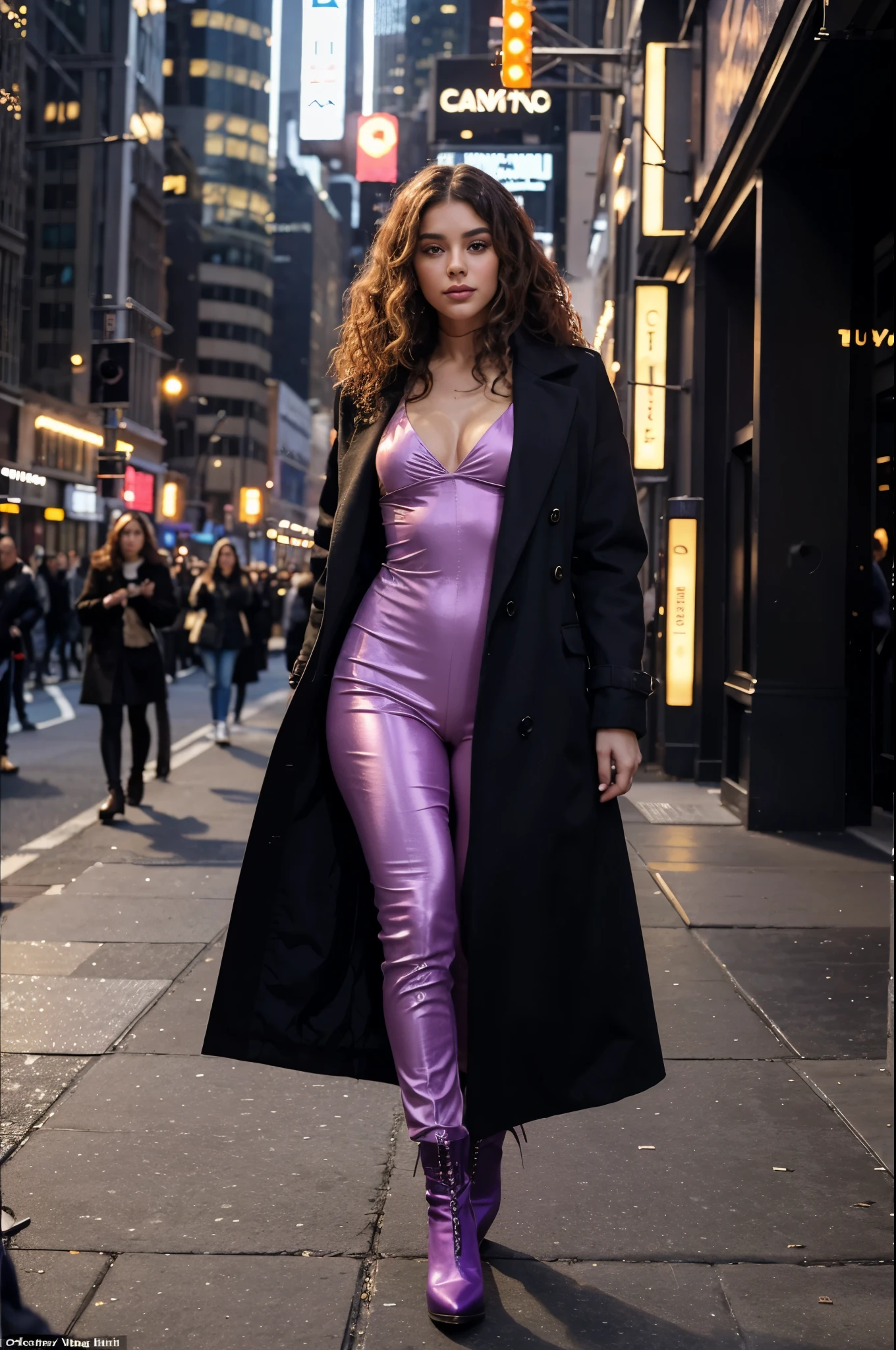 Imagine a 27-year-old woman, 1.70 meters tall and weighing 55 kg, whose toned body reflects her dedication to fitness. Her curly hair, purple with pronounced curls, gives her a distinctive look. She has light eyes, a small nose and a large, fleshy mouth that highlight her unique expression.

The woman is at a lively fashion show in New York, where the catwalk is illuminated with bright lights. She dresses elegantly in a very pretty coat and high boots, highlighting her sophisticated style. The camera is close to her to capture her presence amidst the vibrant atmosphere of the event.

In the background, the skyscrapers of New York provide a stunning backdrop, while the lights of luxury stores and the bustling urban scene create a glamorous and cosmopolitan atmosphere. The woman, immersed in the glamor of the parade, reflects the fashion and modern energy of the city.