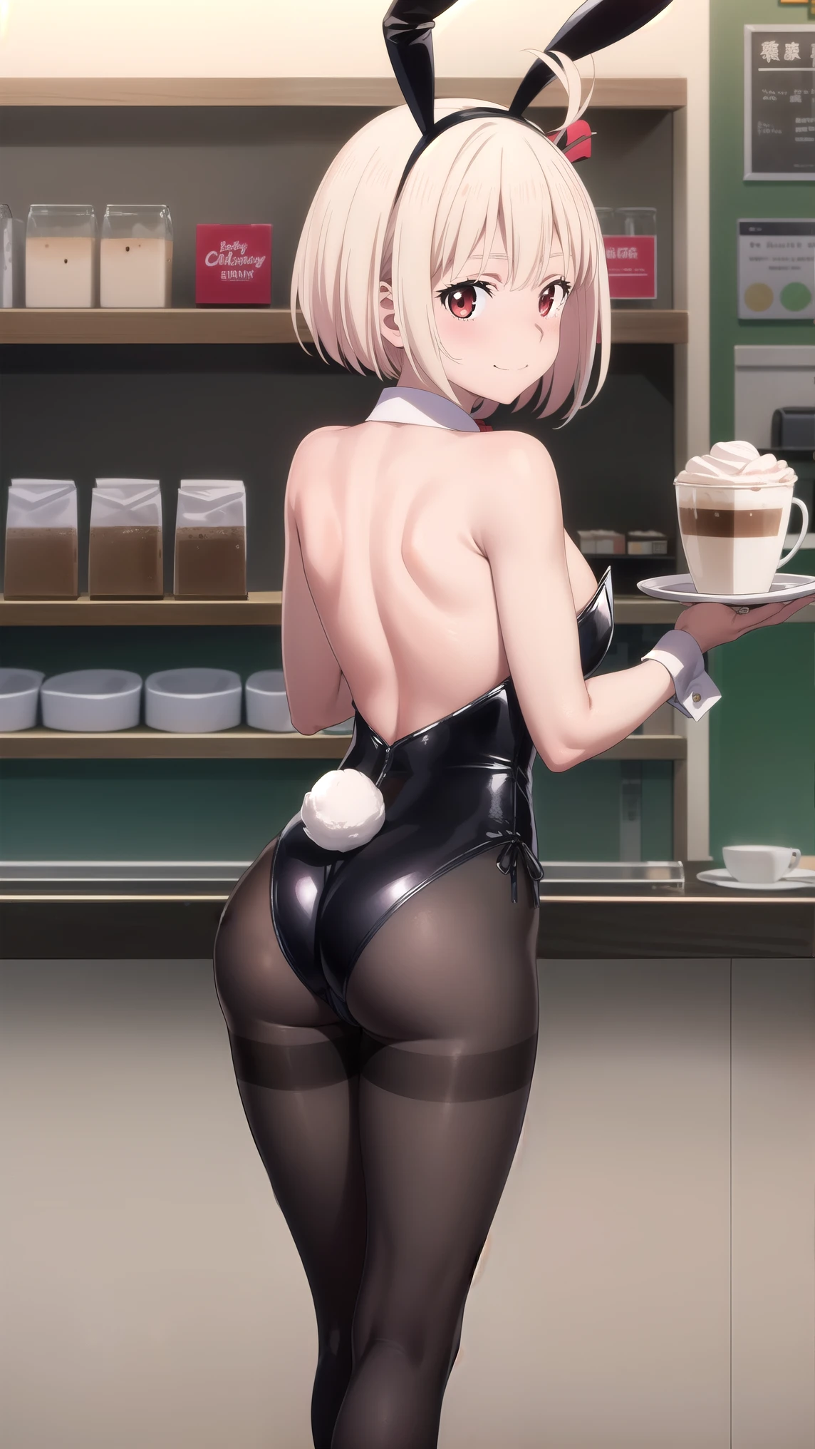 masterpiece, best quality, solo, 1girl, chisato nishikigi, looking at viewer, light smile, closed mouth, blush, embarrassed, medium breasts, playboy bunny, rabbit ears, black pantyhose, red bowtie, wrist cuffs, black leotard, holding tray, cake, cafe, coffee, standing, from behind, nice ass, cafe shop, full body