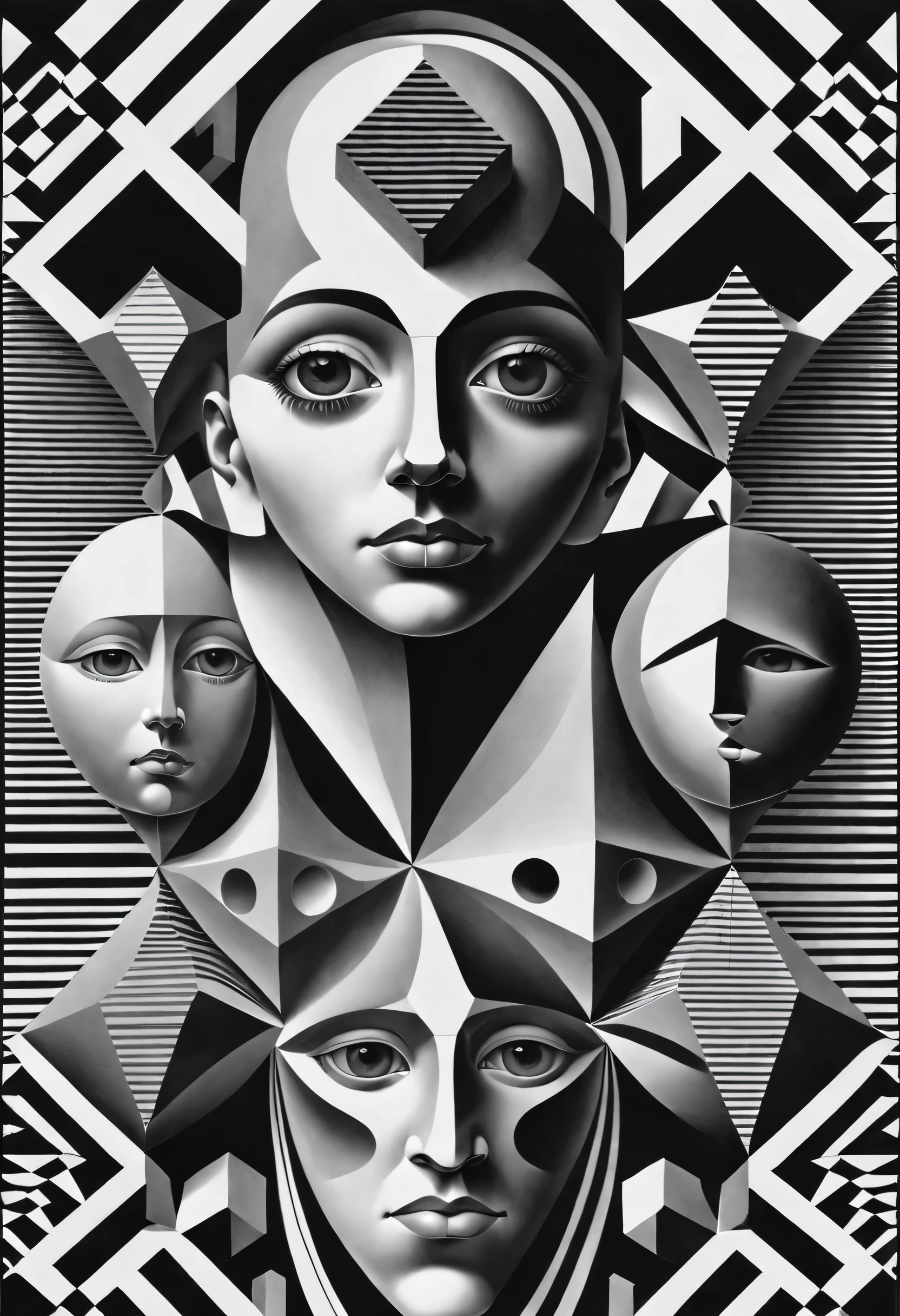 Op art - face composed of geometric shapes，monochrome