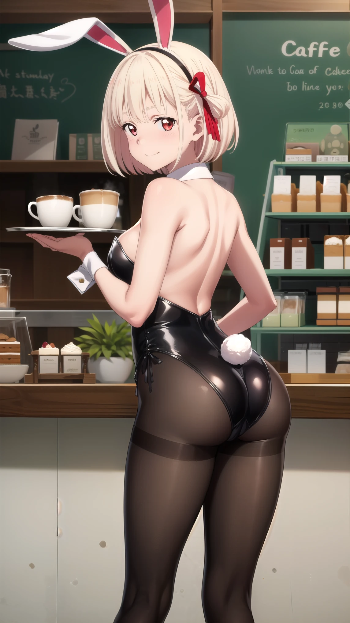 masterpiece, best quality, solo, 1girl, chisato nishikigi, looking at viewer, light smile, closed mouth, blush, embarrassed, medium breasts, playboy bunny, rabbit ears, black pantyhose, red bowtie, wrist cuffs, black leotard, holding tray, cake, cafe, coffee, standing, from behind, nice ass, cafe shop, full body