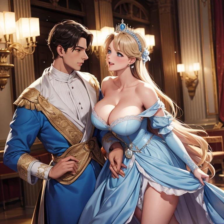 Blushing Cinderella in a dress with soft breasts talking to a handsome prince, the prince stands nearby and looks at Cinderella, In the palace, sexual desire
