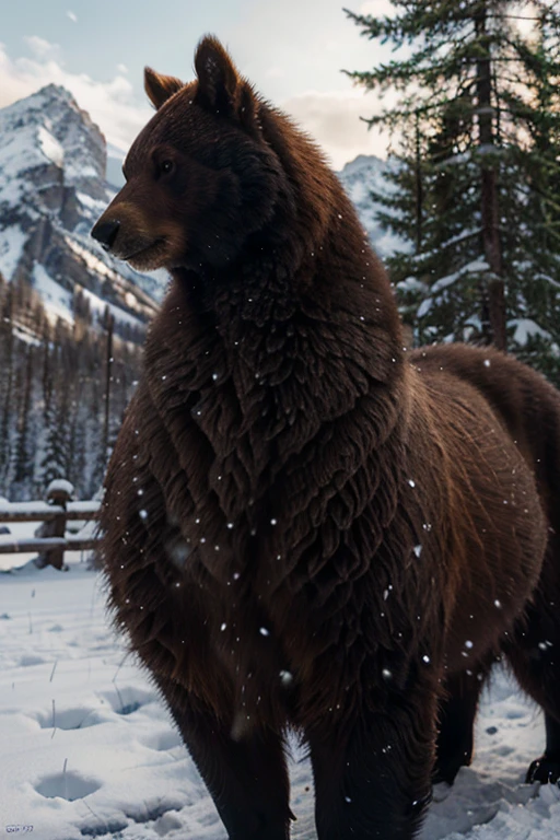 Winter landscape "The Legend of Zelda", atmospheric, hyper-realistic, 8K epic composition, cinematic, detailed photography, 16K resolution. In the center there is a close-up of a large powerful grizzly bear, next to him is a large black Belgian Groenendael shepherd and on the bear’s shoulder is a beautiful large red squirrel with a fluffy tail. Beautiful nature, mountains and forests around.