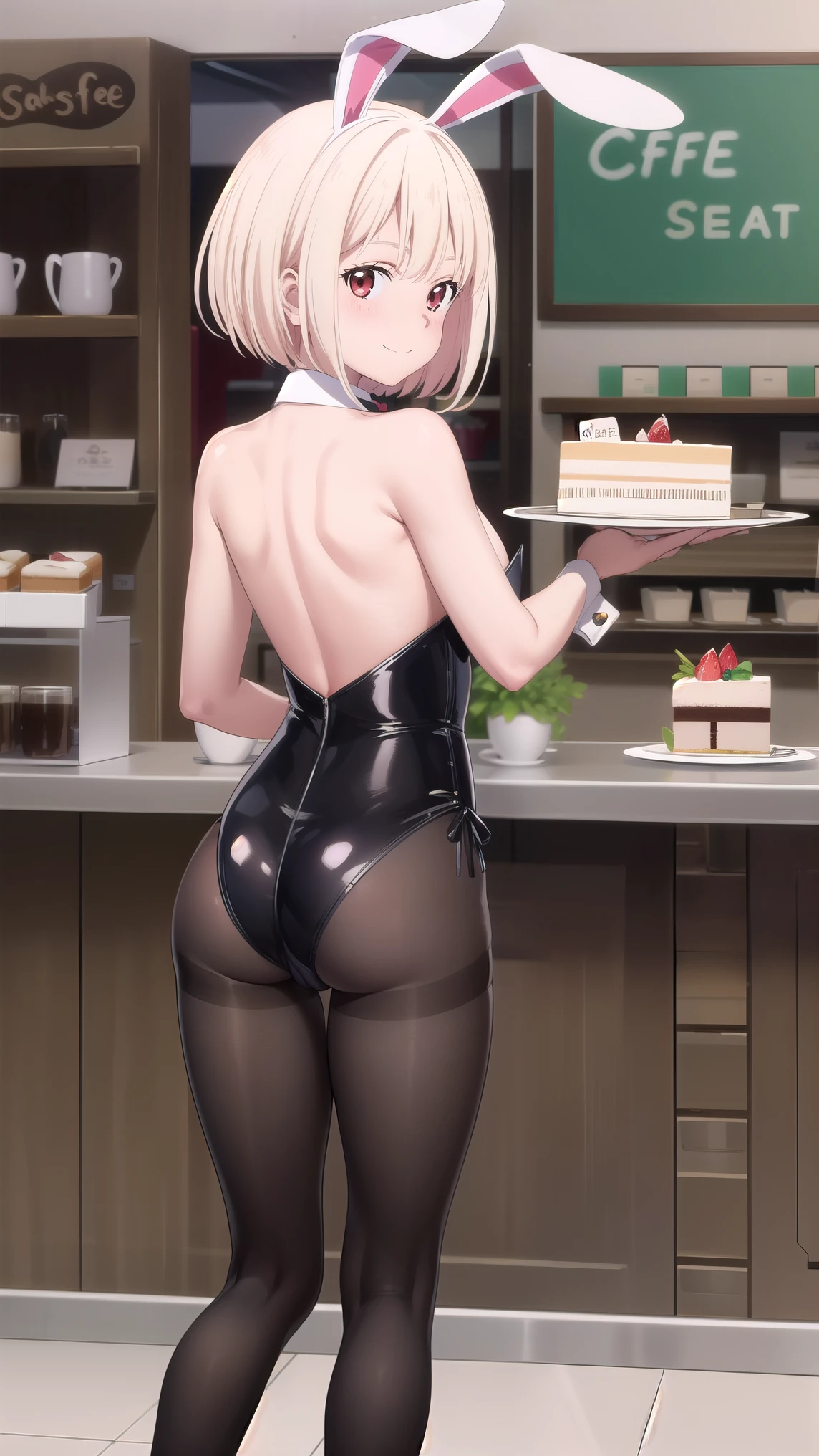 masterpiece, best quality, solo, 1girl, chisato nishikigi, looking at viewer, light smile, closed mouth, blush, embarrassed, medium breasts, playboy bunny, rabbit ears, black pantyhose, red bowtie, wrist cuffs, black leotard, holding tray, cake, cafe, coffee, standing, from behind, nice ass, cafe shop, full body