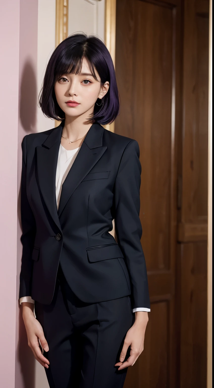 Vogue style photoshoot, Clarity, 4k, 8k, detail, actual, Beautiful Girl, wear dark pastle blazer, inner wear, pastle pants, black lips, dark and purple hair mullet haircut, Perfect body, thigh, stand, pose standing, medium chest, Wes Anderson style, pastle color background in Wes Anderson style