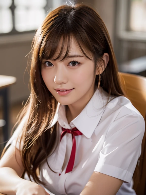 masterpiece, upper body shot, front view, a Japanese young pretty woman, sitting a chair and resting her chin in her palm with big smile, glamorous figure, wearing a short sleeves white collared shirt with shiny red satin plain bow tie, absolutely pretty face, glossy lips, double eyelids in both eyes, Natural makeup, long eyelashes, shiny smooth light brown hair of medium length, asymmetrical bangs, tanned skin, in the classroom, head frame, central image, 8K resolution, high detail, detailed hairstyle, Detailed Face, spectacular cinematic lighting, octane rendering, vibrant, hyper realistic, perfect limbs, perfect anatomy