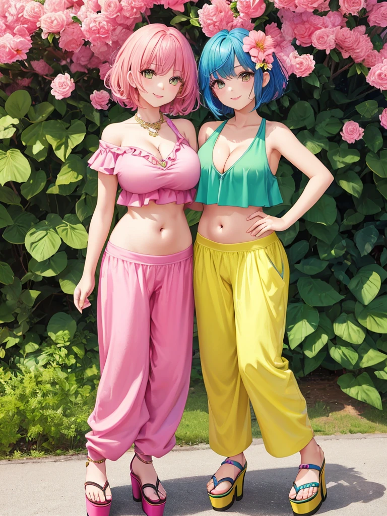 (masterpiece, highest quality),Again:zero, 2 girls(one person: blue hair, short hair, bangs, Green and yellow eyes),(もうone person:pink hair,short hair,pink eyes) , hair between eyes, hair flower, side lock, cleavage cutout, side boob, looking at the viewer, dynamic pose, smile,happiness,low length,masterpiece, highest quality， Super detailed, super beautiful girl，（Palazzo pants, match with crop top, platform sandals），（big breasts),(shoulder)，(belly button),big and bright eyes，Cool feeling，vintage style，Front view,smile,