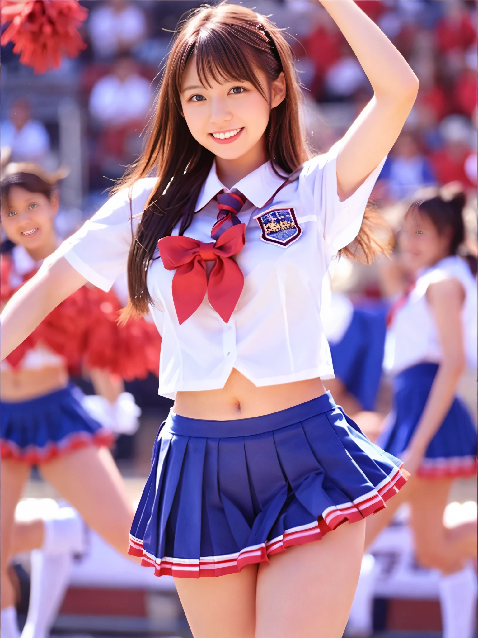 (((Dressing:1.8))), ((Dress up reliably:1.8)), ((( shot:1.8))), (((Show the camera everything about your pantie), ((Lifted skirt:1.8)), (((Cheerleader Uniforms:1.8, Panties with area:1.5))), ((stadio:1.8)), ((Smiling smile:1.8)), 1girl in, 独奏, 18year old, 7headed body, Ideal ratio body proportions, erectile nipple, shoir, A dared, With bangs, small tits, A slender, Small buttocksauty legs, Skinny Legs,ism, Cinematic lighting, depth of fields, One-person viewpoint, F/1.8, 135 mm, nffsw, masutepiece, ccurate, ((Anatomically correct:1.3)), Textured skin, Super Detail, high details, High quality, awardwinning, Best Quality, hight resolution, 8K
