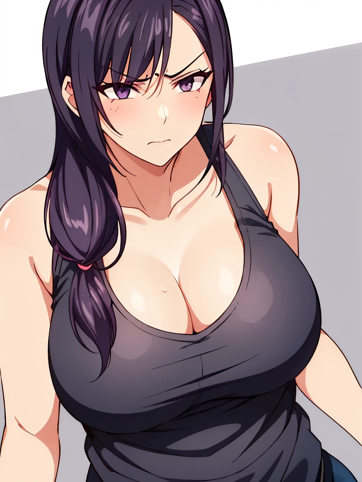 1 milf, purple and slightly black hair, wearing a black tank top, cynical look, angry face, white background