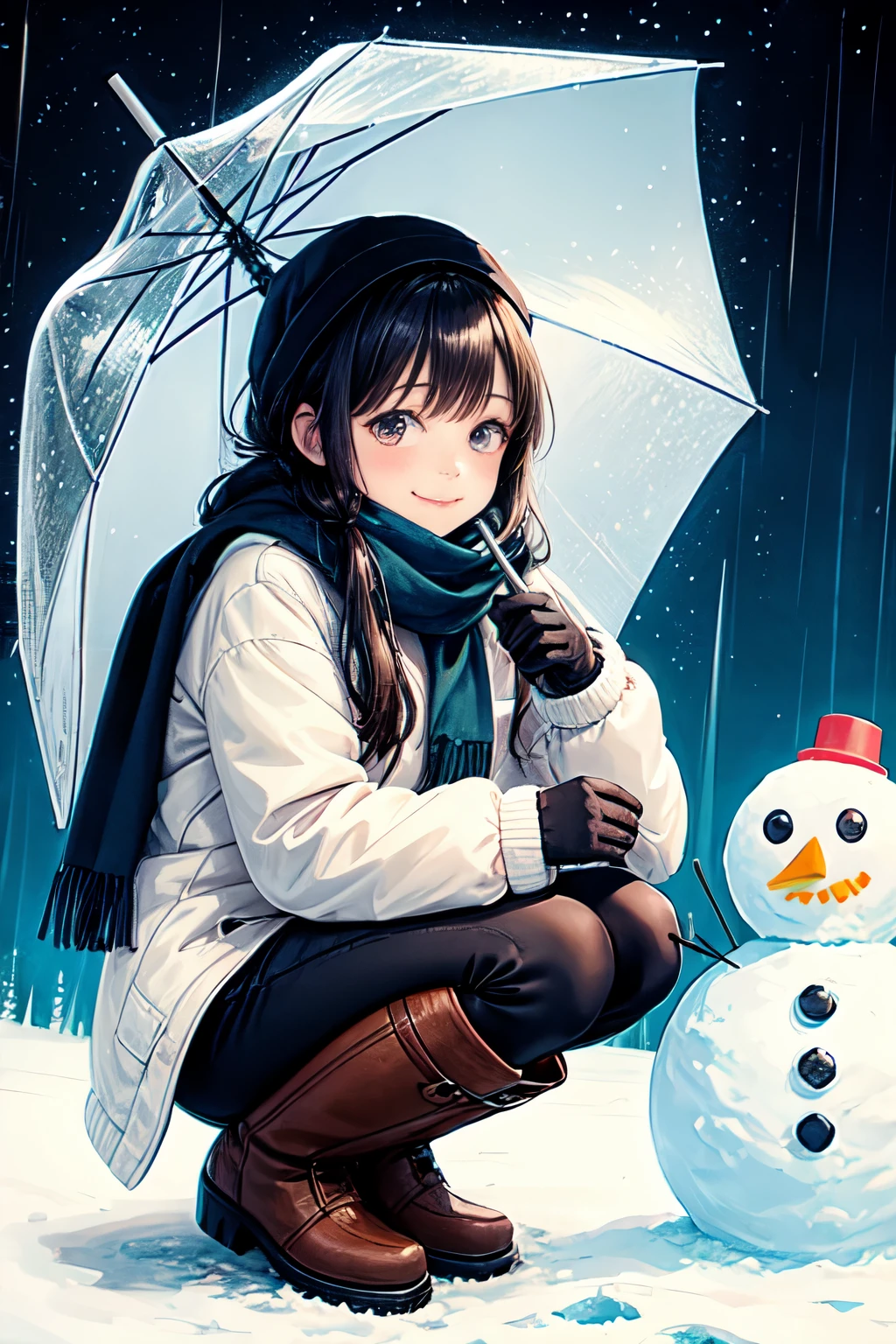 a girl standing next to a snowman holding an umbrella as it is raining, 1girl, snowman, solo, smile, black hair, scarf, squatting, long hair, boots, sky, gloves, outdoors, looking at viewer, brown footwear, night, closed mouth, snow, long sleeves, bangs, night sky