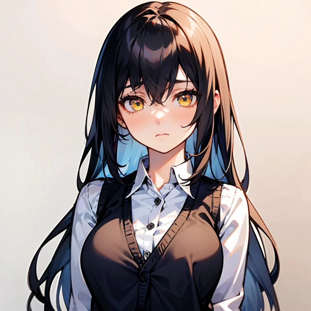 1girl, long black messy hair, yellow eyes, bags under eyes, medium breast, cardigan vest, expressionless, bored face, solo, best quality, masterpiece, portrait, simple background, looking at the camera, from the front, 1result, vibrant, detailed, perfect anatomy, detailed art, high definition, 4k, high resolution