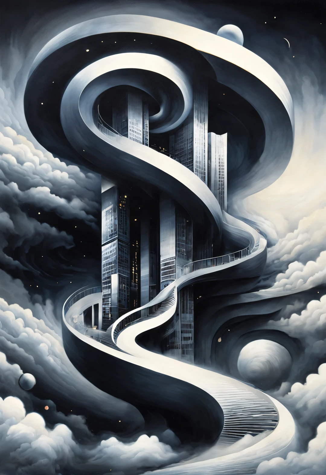 optical illusion，Sujiko Yoshii《architecture》, Ethereal cloudscape style, spiral, photorealistic rendering, minimalist stage designs, design/architecture研究, hazy atmosphere, the greatness of the bible，扭曲的spiral楼梯，human's body，Inception，移动或变化的重复或spiral形状，or perspective-distorted images that distort perception of depth and space，These images appear to be moving，straight lines are curved