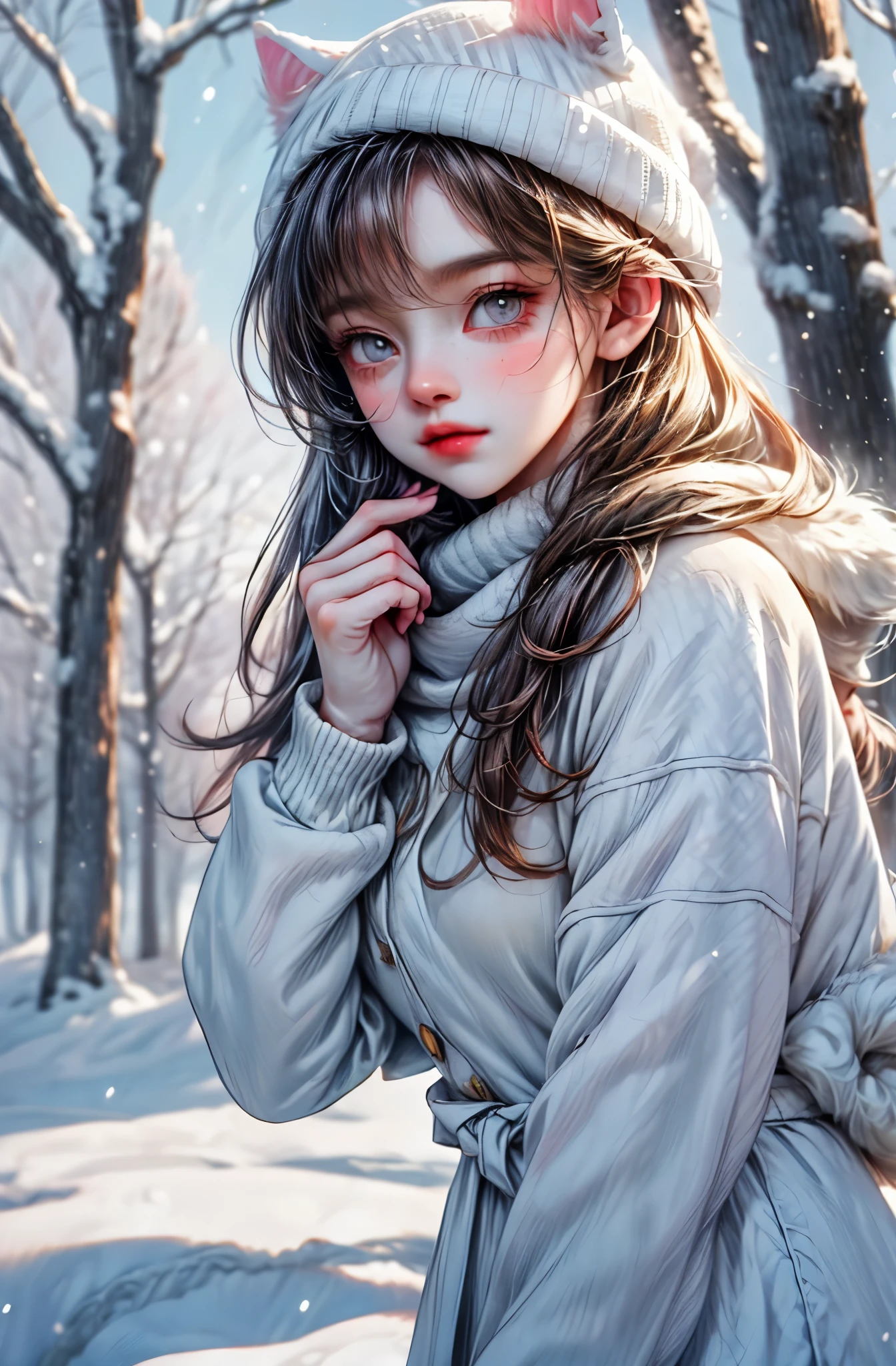 (best quality,4k,8k,highres,masterpiece:1.2),ultra-detailed,(realistic,photorealistic,photo-realistic:1.37),(very detailed, focused winter background:1.8),A cute cat girl with soft and fluffy white fur, with adorable detailed eyes and delicate pink nose and lips, standing in a snowy landscape. The girl has a sweet and innocent expression, with a hint of curiosity in her eyes. She is wearing a cozy winter outfit, with a knitted hat and scarf that match her fur color, adding extra cuteness to her appearance. The snowflakes are falling gently around her, creating a magical and dreamy atmosphere.

The snow-covered ground is pristine and pure, creating a soft and serene backdrop for the cat girl. The trees and foliage are partially covered in snow, with delicate branches peeking through the white blanket. The sunlight filters through the trees, casting a warm and gentle glow on the scene, enhancing the overall enchanting ambiance.

The color palette is dominated by shades of white and soft pastels, creating a calm and soothing atmosphere. The cat girl's fur is a mixture of whites and creams, with slight hints of pink blush on her cheeks. The landscape is bathed in cool tones of blue and gray, with subtle touches of pale pinks and purples in the sky and clouds.

The lighting is soft and diffused, with a gentle backlight illuminating the cat girl's silhouette, creating a soft halo effect around her. The shadows cast by the trees add depth and dimension to the scene, enhancing its overall realism.

This prompt will deliver a stunning and heartwarming masterpiece, showcasing the beauty of nature and the innocence of the cat girl in the snowy landscape.