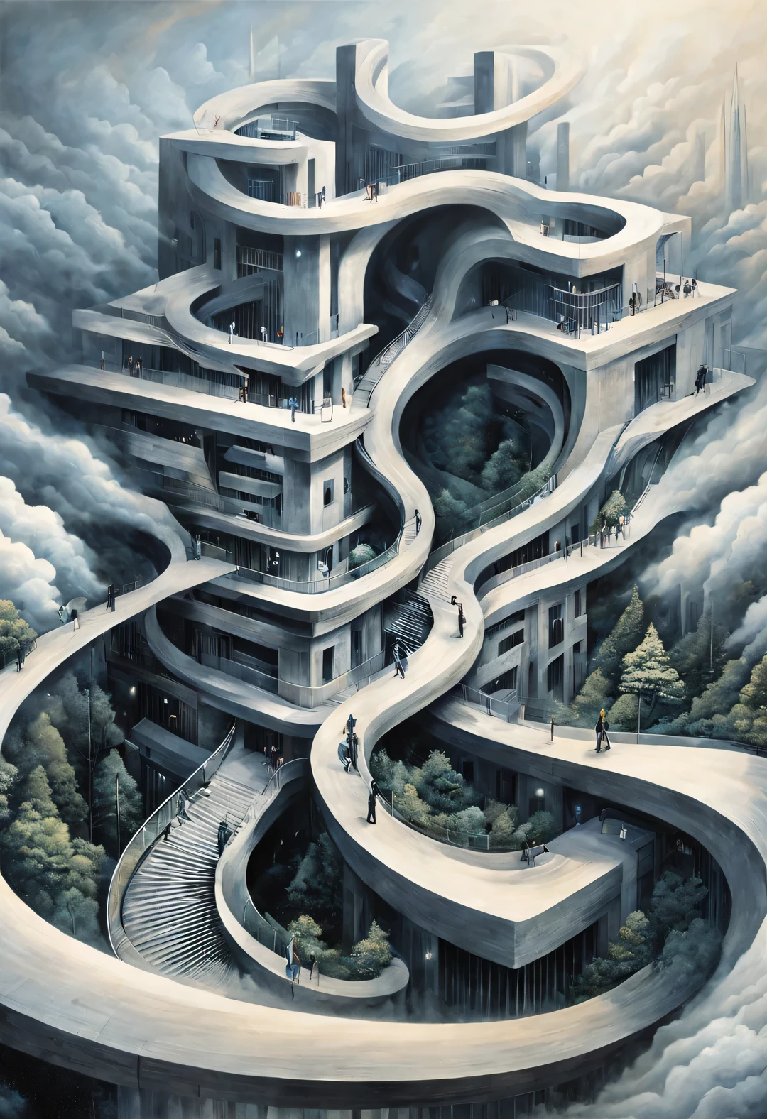 optical illusion，Sujiko Yoshii《architecture》, Ethereal cloudscape style, spiral, photorealistic rendering, minimalist stage designs, design/architecture研究, hazy atmosphere, the greatness of the bible，扭曲的spiral楼梯，human's body，Inception，移动或变化的重复或spiral形状，or perspective-distorted images that distort perception of depth and space，These images appear to be moving，straight lines are curved