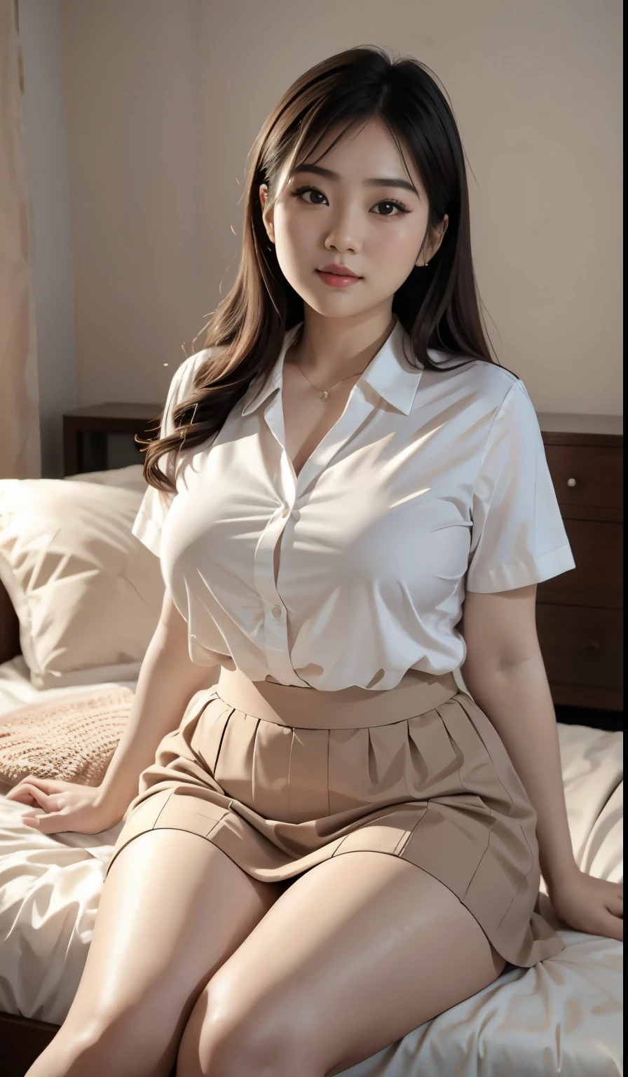 araffe woman sitting on a bed in a skirt and white shirt, korean girl, japanese goddess, sitting on her bed, soft natural lighting, seductively looking in front, sitting on the bed, bbwchan, small curvy , asian girl, asian, skinny waist and thick hips, posing in a bedroom, korean woman, sitting on a bed, bbwchan.