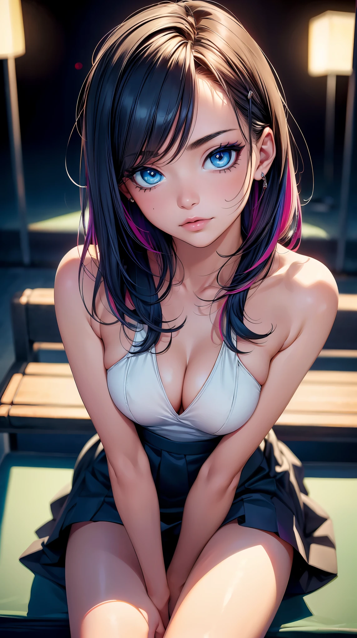 NSFW, (8K, RAW photo, 最high quality, masterpiece: 1.2), High-definition RAW color photo, Professional photo shoot, cinematic light, , (((young woman, gal))), (Sharp features), (big eyes), (small face), (high detail skin: 1.2), clavicle, cute face, beautiful appearance, long eyelashes, (rainbow hair, blue eyes), (beautiful breasts:1.5), (slim body:1.5), very detailed顔と肌の質感, fine eyes, natural makeup, colorful, Completely naked:1.5, bewitching woman, Sit down and hug your knees, lift the skirt, enjoying the act, A glimpse of sexy lingerie, staring eyes, beautiful skin, shiny skin, perfect fingers, five fingers, anatomically correct, background bokeh, high quality, surreal, bright colors, ((very detailed, photo shoot)),
