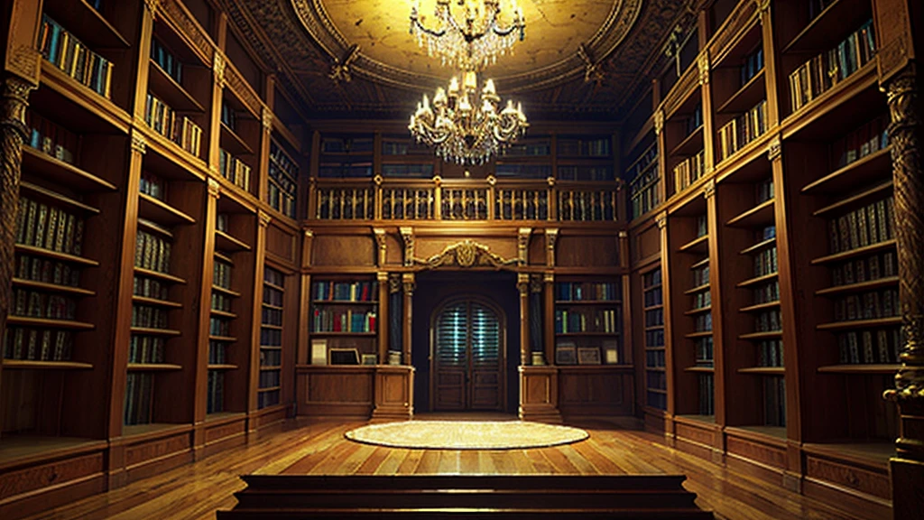 （（（masterpiece、Highest image quality、highest quality、highly detailed unity 8ｋwallpaper）））、（（（fantasy、grand library）））、bookshelf、chandelier、a little light shining through