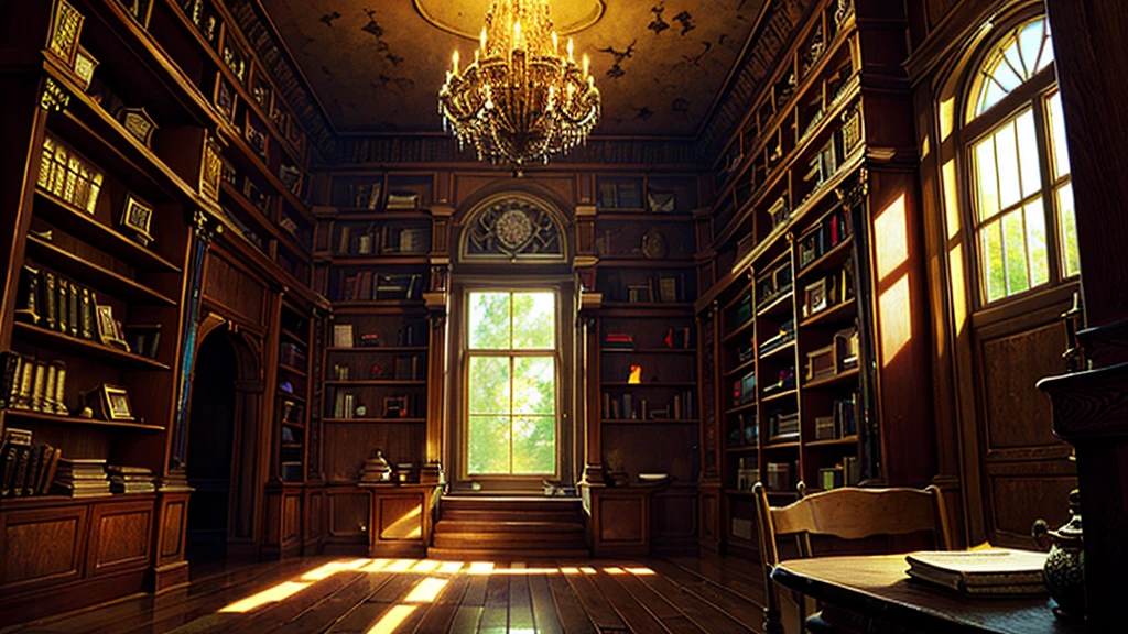 (((masterpiece、Highest image quality、highest quality、highly detailed unity 8kwallpaper)))、(((fantasy、grand library)))、bookshelf、chandelier、a little light shining through