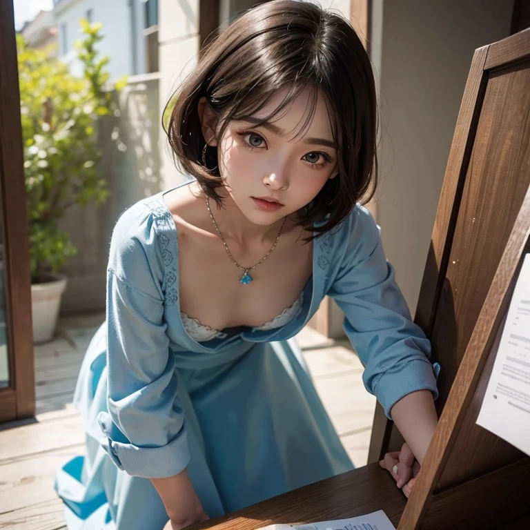 1 girl, downblouse, , munechira,(((small breasts))), looking away,sitting on chair,leaning forward,bending over, , birds-eye view shot , Upper body, necklace ,in classroom ,long sleeves dress,decolated detailed  bra within,long skirt, short hair 