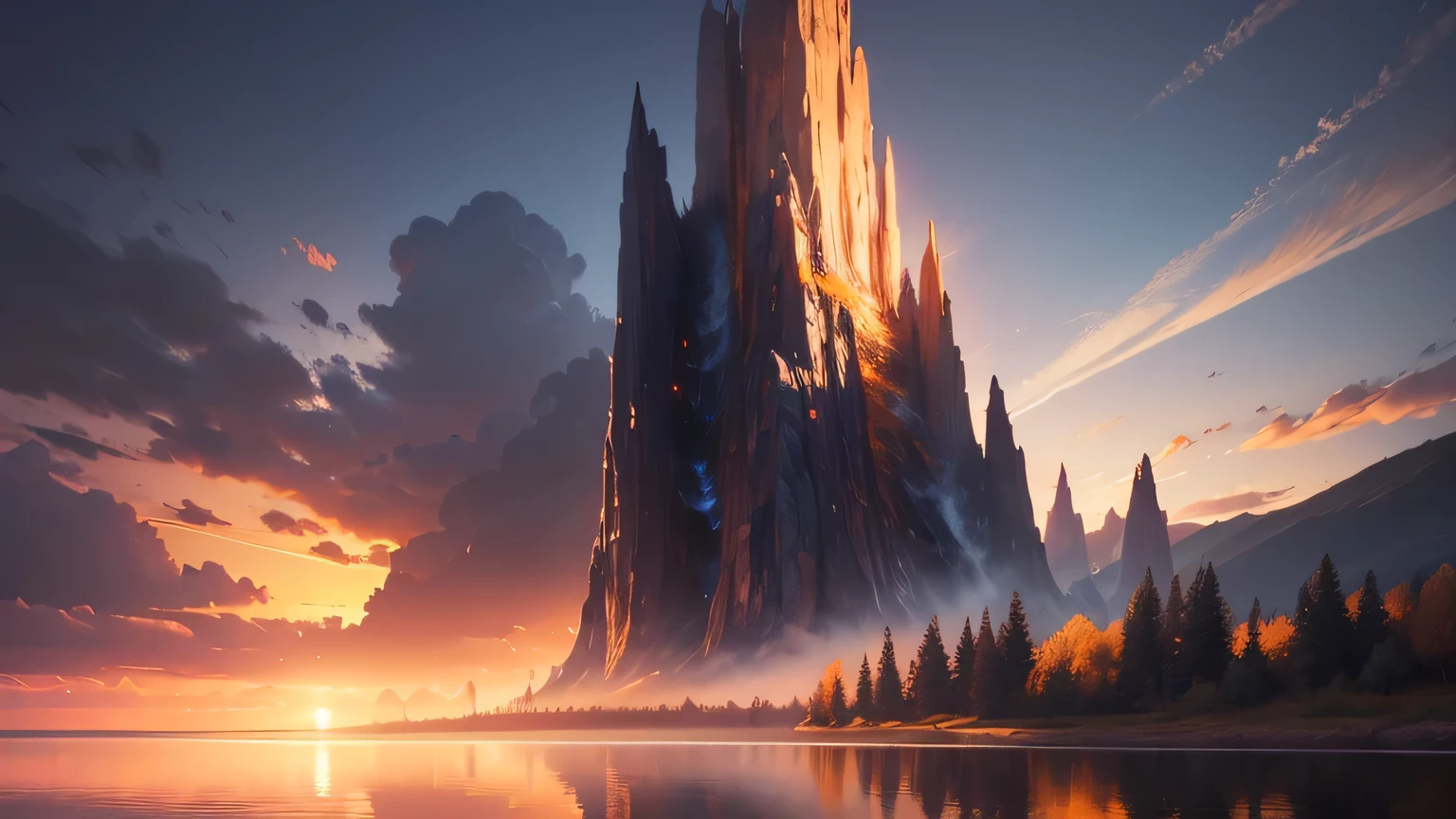 sunset, landscape, water, (very detailed CG unity 8k wallpaper), the most beautiful artwork in the world, professional majestic oil painting, intricate, high detail, clear focus, dramatic, realistic painting art, blue sky.