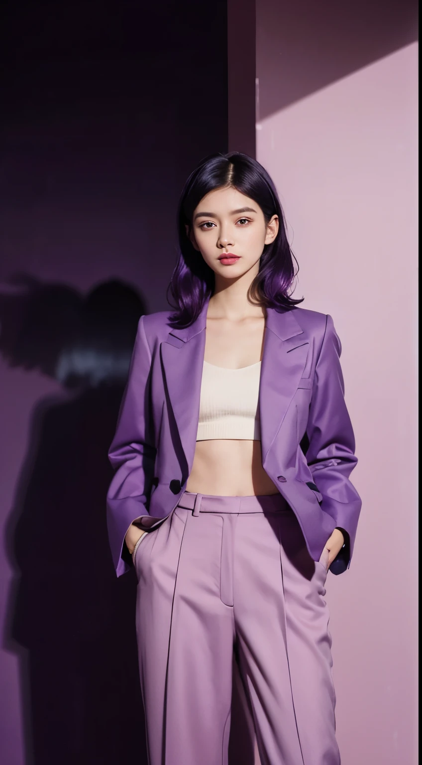 Vogue style photoshoot, Clarity, 4k, 8k, detail, actual, Beautiful Girl, wear dark pastle blazer, inner wear, pastle pants, black lips, dark and purple hair mullet haircut, Perfect body, thigh, stand, pose standing, medium chest, Wes Anderson style, pastle color background in Wes Anderson style