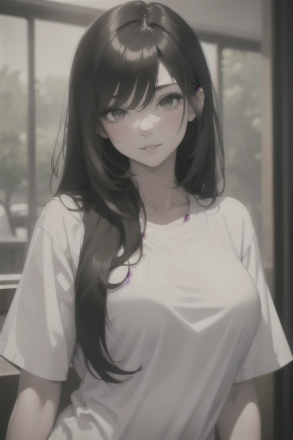 Sexy and cute woman, black brown hair, long hair, straight hair, weak eyes, blushing intensely, lips parted, ready to kiss, long oversized white shirt
