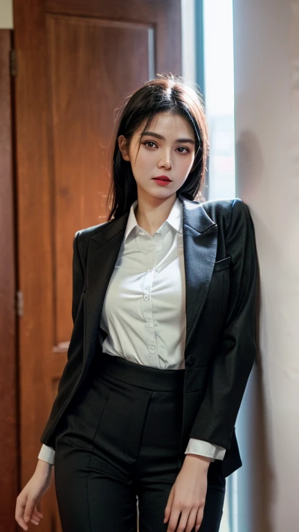 (Best quality, 8k, 32k, Masterpiece, UHD:1.2), 1girl, ((detailed skin)), ((detailed eyes))narrow waist, grey suit, white shirt, office lady, suit, pants, from front, office room, desk, (stick out one's buttocks:1.2), detailed face, look at camera