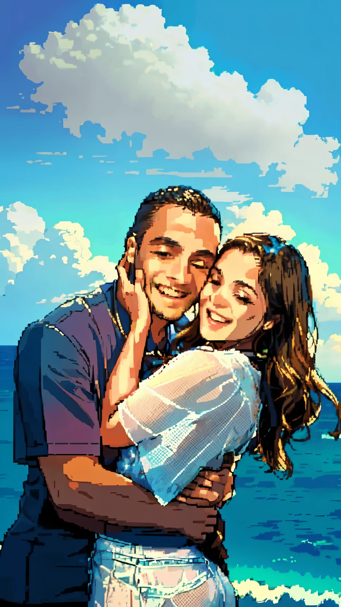 a man and woman hugging on the beach with the ocean in the background, smiling couple, couples portrait, happy couple, couple portrait, lovely couple, photo of a beautiful, couple pose, portrait of two people, medium portrait, man and woman, smiling at each other, detailed portrait shot, profile pic, man and woman in love, couple, large portrait, romantic couple,"({{masterpiece}}), {{best quality}}, pixel art