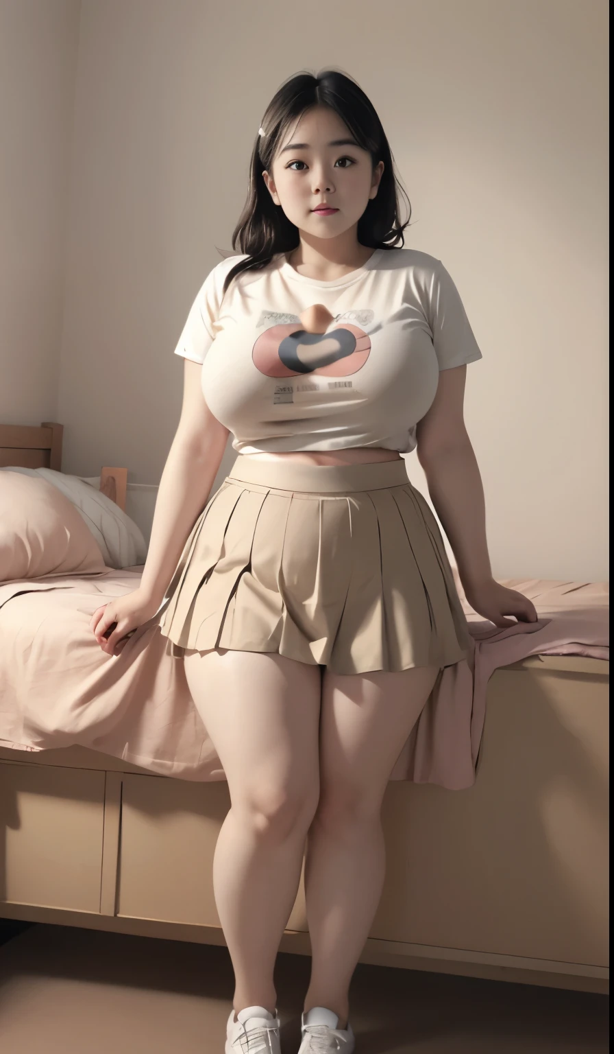 Girl wearing t-shirt and cream thight skirt, bbwchan, chubby arm, chubby cheeks, huge breasts, chubby hips, chubby belly, chubby thighs, full body pose, asian girl, korean girl, nene tanaka body, marina shiraishi body. Beautiful girl, dark room, empty room