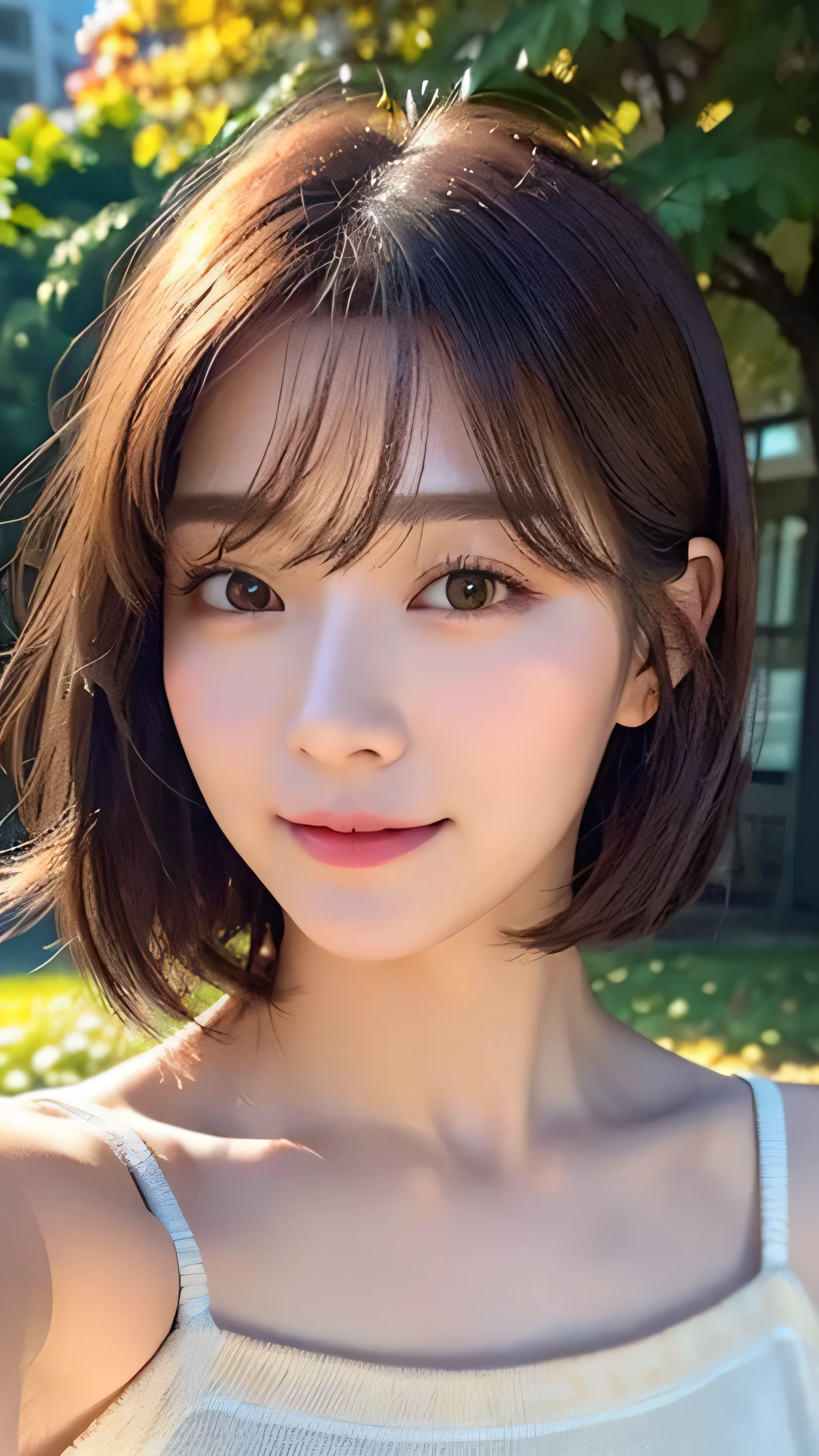 close up of face、Half Japan and half Korean２４1 year old girl、Self-reliant、facing forward、close up of face、Light eye makeup、Hair color is brown、flat and 、（（Straight short bob to shoulders））、hair blowing in the wind、Autumn park background、I&#39;m wearing a beige high neck knit、quality of actress、Gorgeous ultra-realistic face、Smiled expression、Moist eyes、Self snap, Staring Up, calming lighting effect, 